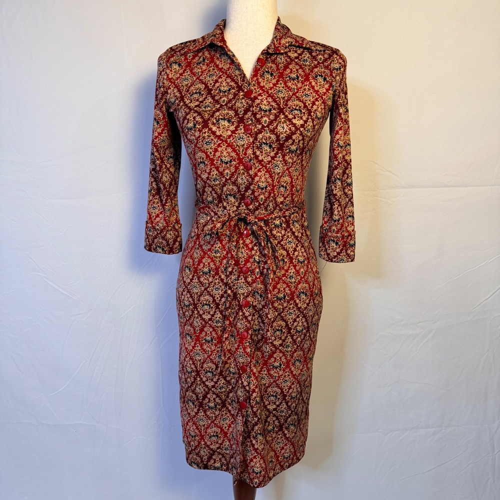 Vintage Rave City Red Tapestry Floral Button Down Belted Midi Shirt Dress Y2K